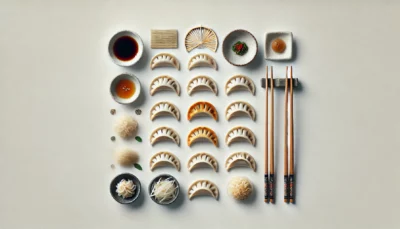 gyoza japonais, raviolis grillés, présentés sur un fond blanc.