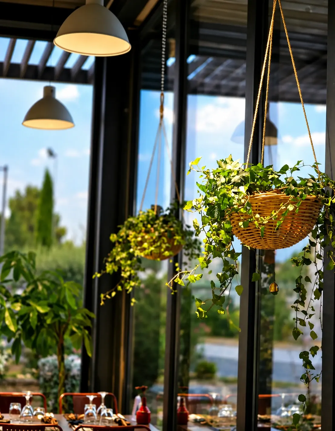 notre-histoire-salle-suspensions-vegetales-tama-sushis-mallemort. Salle du restaurant Tama Sushis à Mallemort avec suspensions végétales devant la baie vitrée